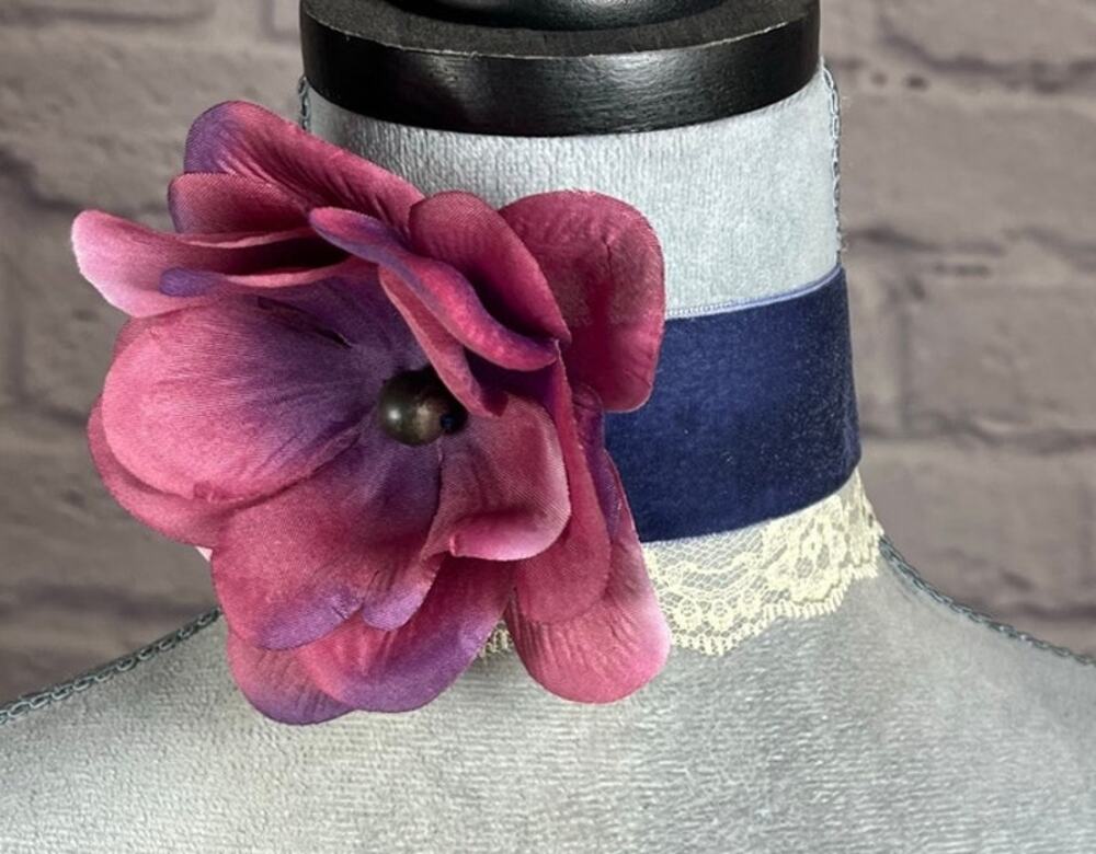 Handmade Boho Glam Velvet and Lace Choker with Avant Garde Flower